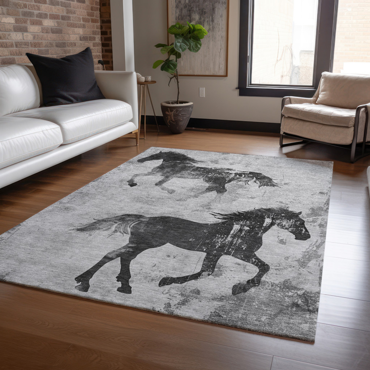 10' X 14' Gray And Charcoal Horse Washable Indoor Outdoor Area Rug - 880016445060