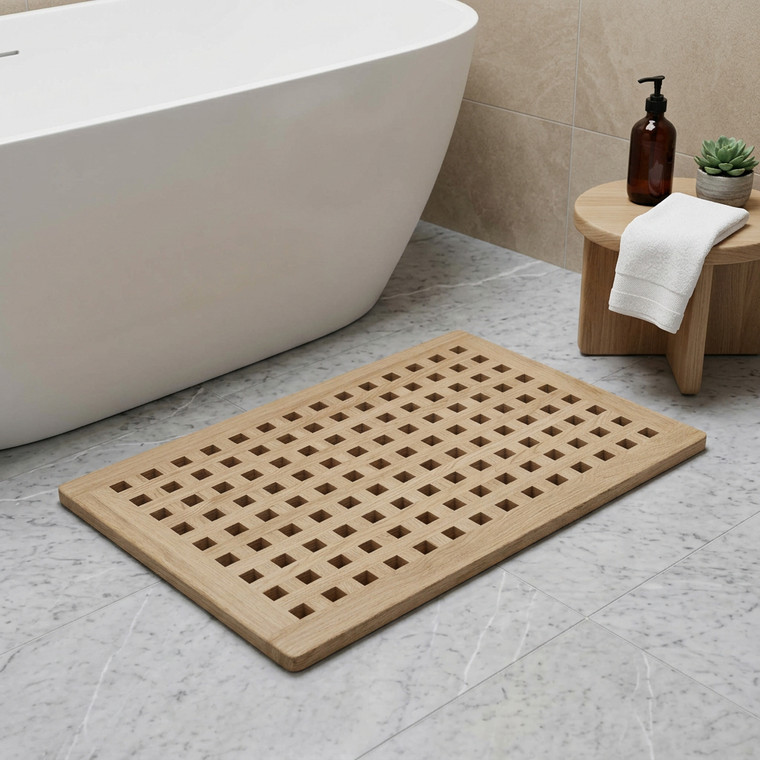 16" Beige Gray Teak Checkered Non Slip Bath Mat - 880024515120