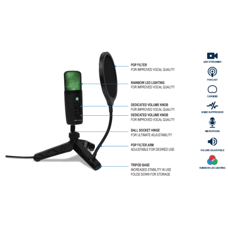 Emerson USB Gaming and Streaming Condenser Microphone with LED Lighting - 840005018552