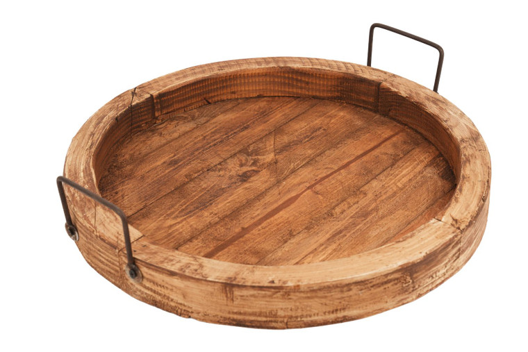15" Natural Solid Wood Handmade Round Serving Tray With Handles - 880024940731