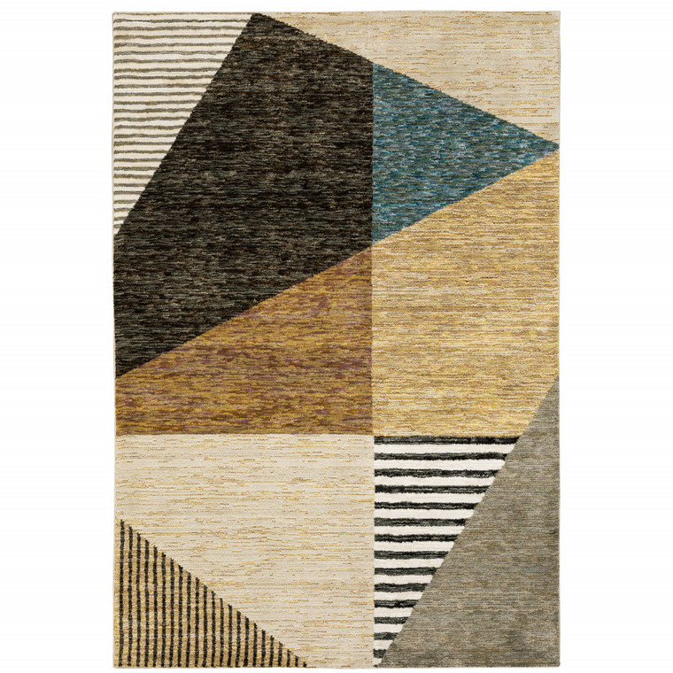 9' X 12' Gold Brown Blue Charcoal Rust And Beige Geometric Power Loom Stain Resistant Area Rug - 606114622680