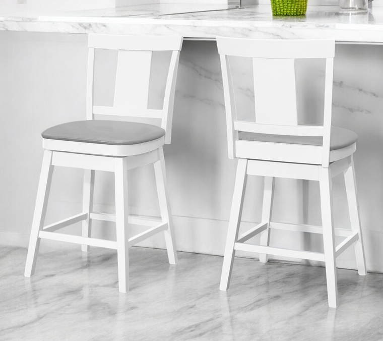 Set of Two 23 " Gray And White Faux Leather And Solid Wood Swivel Counter Height Bar Chairs - 606114707424