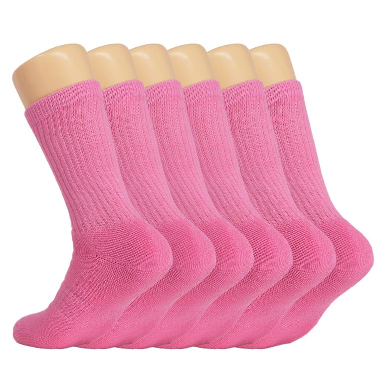 6 Pairs Women's Pink Cotton Crew Socks, Terry Cushion Foot - 742137052315