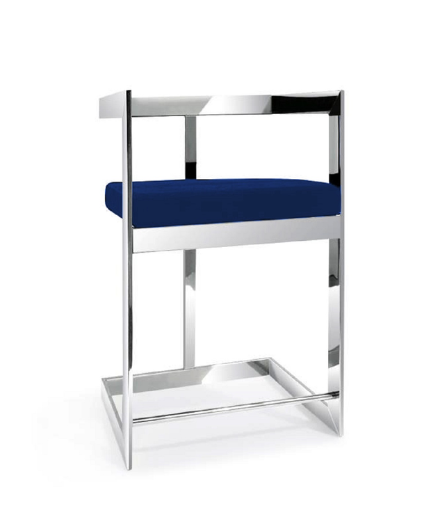 26" Blue and Silver Metal and Velvet Low Back Counter Height Bar Chair - 880016822977