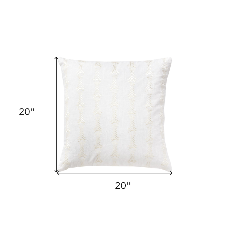 20" White Cotton Throw Pillow With Embroidery - 608219008642