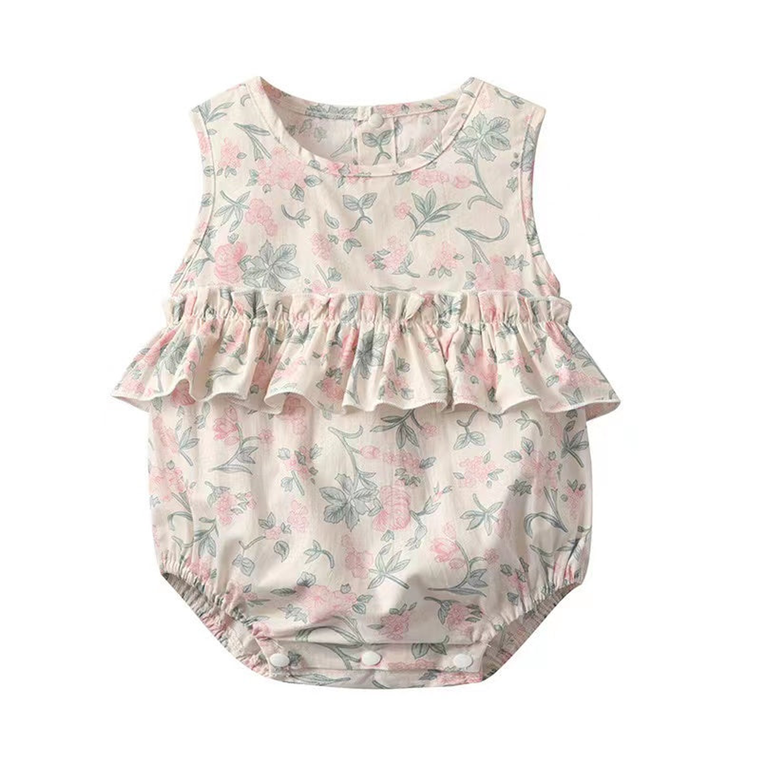 Baby Girl Floral Print Graphic Ruffle Design Sleeveless Onesies & Headband - 643491113936