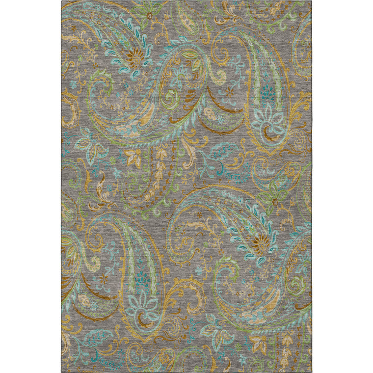 5' X 8' Taupe Green And Blue Paisley Distressed Washable Area Rug With UV Protection - 880024745015