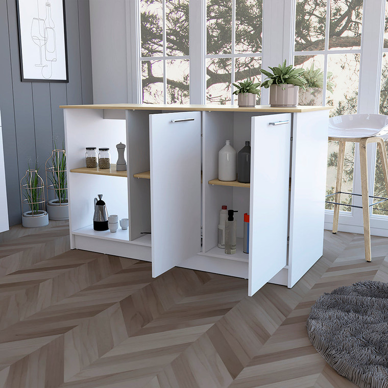 White and Oak 59" Kitchen Island With Storage - 606114814740