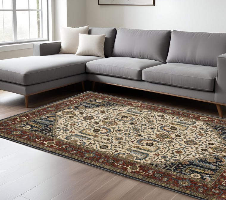 8' X 11' Ivory Red And Green Oriental Area Rug With Fringe