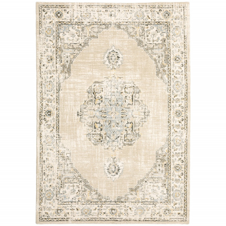 Homeroots Home Decor Beige and Ivory Center Jewel Area Rug, Beige and Ivory, 7' x 9'