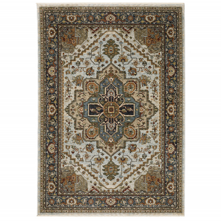 Homeroots Home Decor Oriental Area Rug Ivory Beige Blue Orange Gold Green Grey Rust Colors Power Loom Stain Resistant With Fringe 6' x 9'