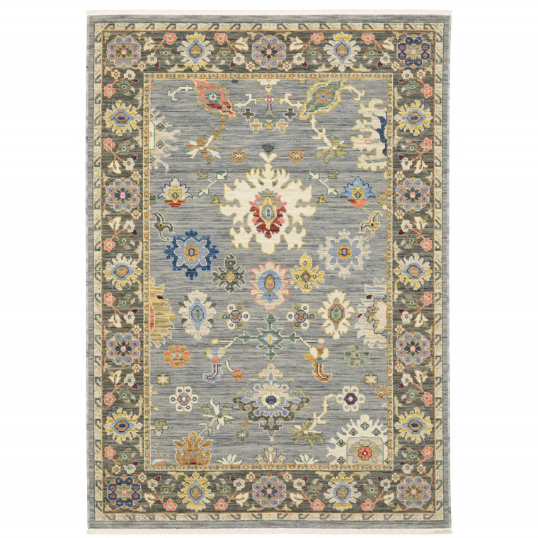 Homeroots Home Decor 6' x 9' Oriental Area Rug, Blue Grey Gold Green Pink Orange Ivory and Red, Power Loom Stain Resistant, With Fringe