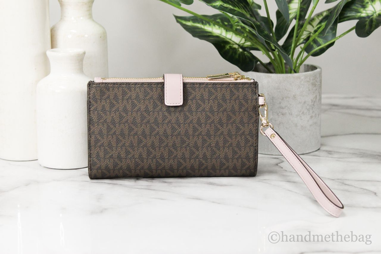 Michael Kors Jet Set Brown Logo Pink Leather Double Zip Wristlet Wallet - 193599695846