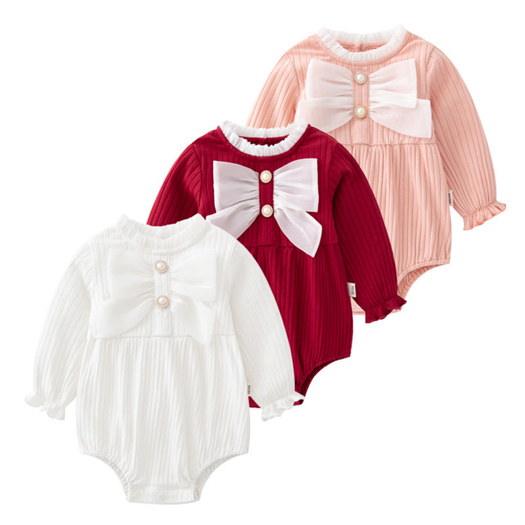 Baby Solid Color Big Bow Patched Design Beautiful Princess Onesies - 716252329577