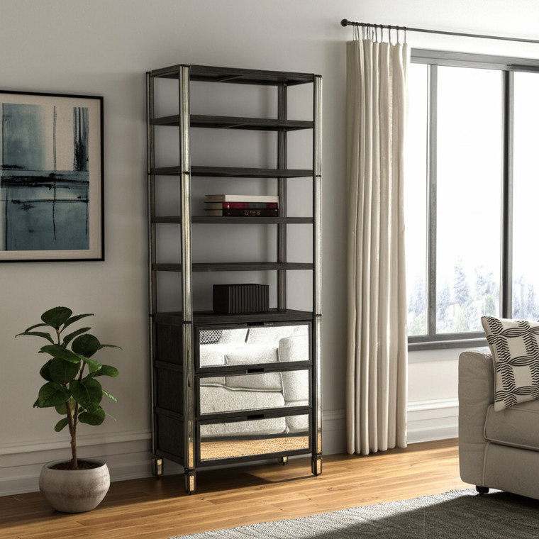 32" Dark Brown Solid Wood and Mirrored Glass Four Tier Bookcase with Three Drawers - 880016634228