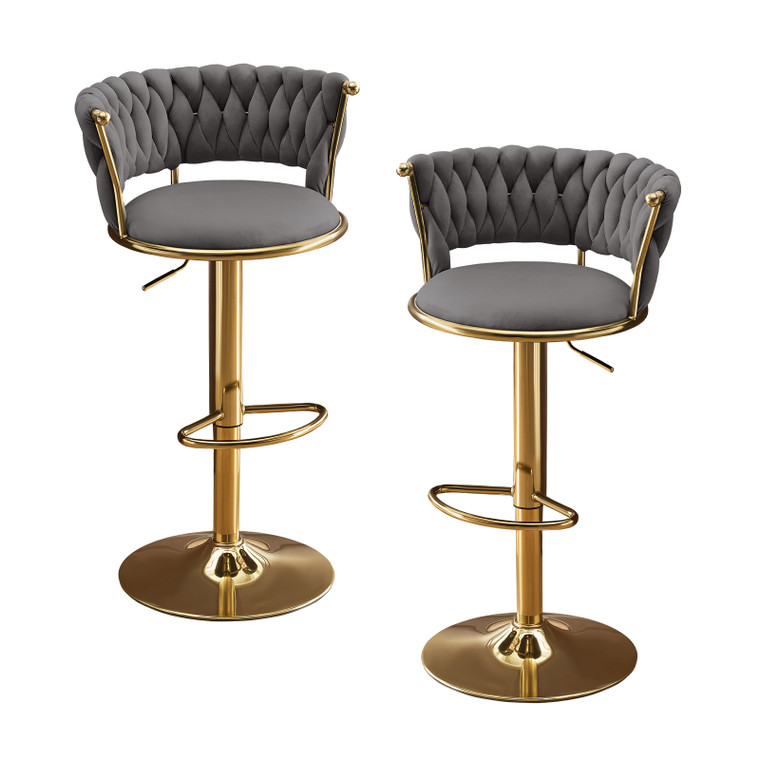 Set of Two Gray and Gold Velvet and Metal Low Back Adjustable Height Swivel Bar Chairs - 880016859966