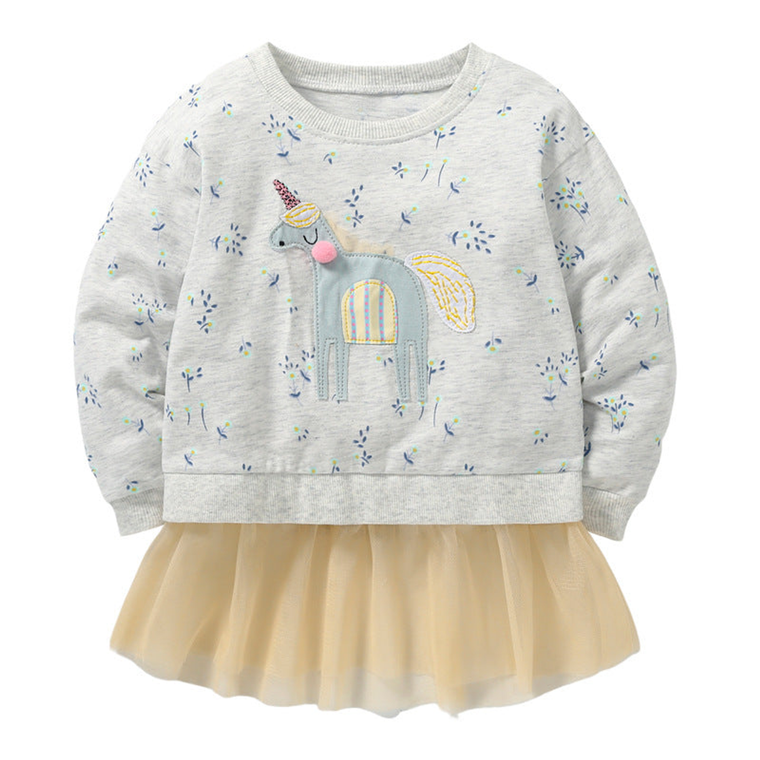 Baby Girl Unicorn & Floral Pattern Mesh Patchwork Design Hoodie - 643491101643