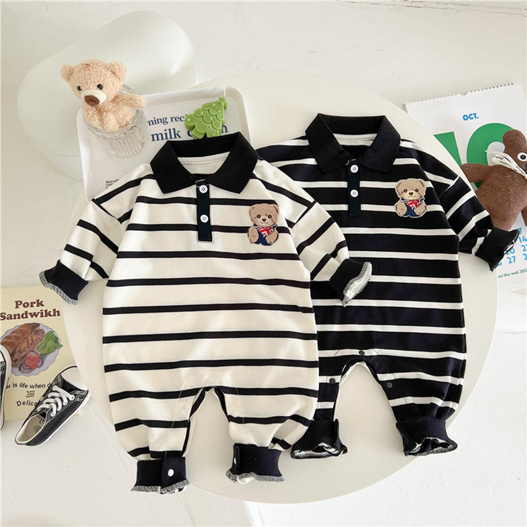 Baby Cartoon Bear Print & Striped Pattern Polo Neck Long Sleeve Romper - 643491111147