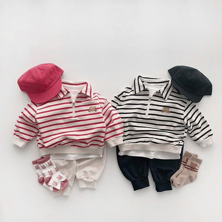 Baby Cute Bear Embroide & Striped Pattern Polo Neck Cotton Hoodies - 643491121542
