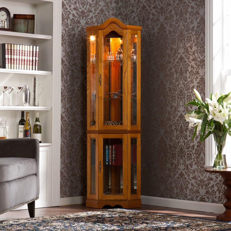 Golden Oak Scallop Top Lighted Corner Curio Cabinet - 808230099760