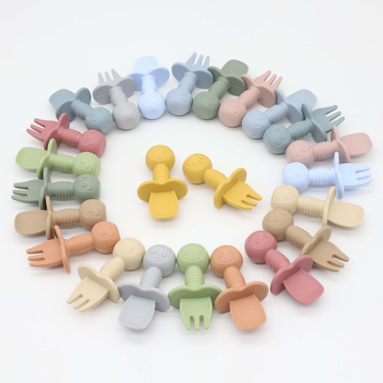 Baby Bear Pattern Complementary Food Training Lovely Silicone Spoon Fork Sets - 716252335455