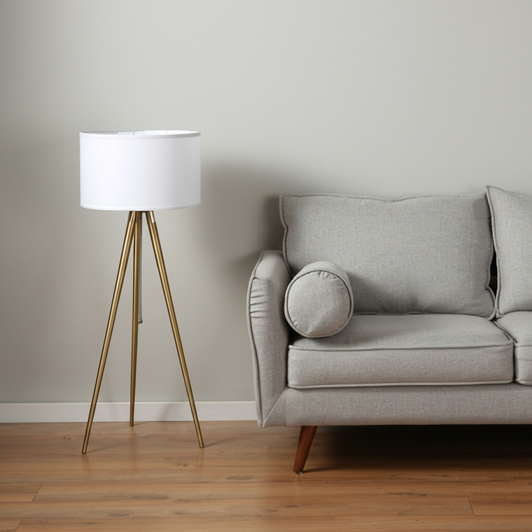 Gold Metal Adjustable Tripod Floor Lamp With White Linen Drum Shade - 880016515787