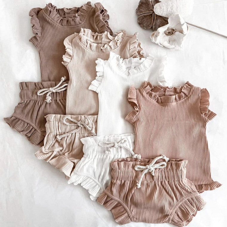 Baby Girl Wood Ear Design Solid Color Sleeveless Round Collar Tops Combo Shorts Sets IN Summer - 643491120781