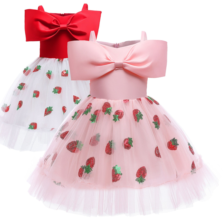 Baby Girl Strawberry Sequins Pattern Bow Tie Design Sling Tutu Formal Dress - 643491111970