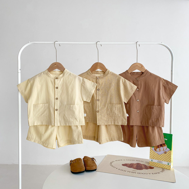 Baby Kids Boys Plaid/Solid Short Sleeves Top Shirt And Shorts Casual Clothing Set - 716252306271