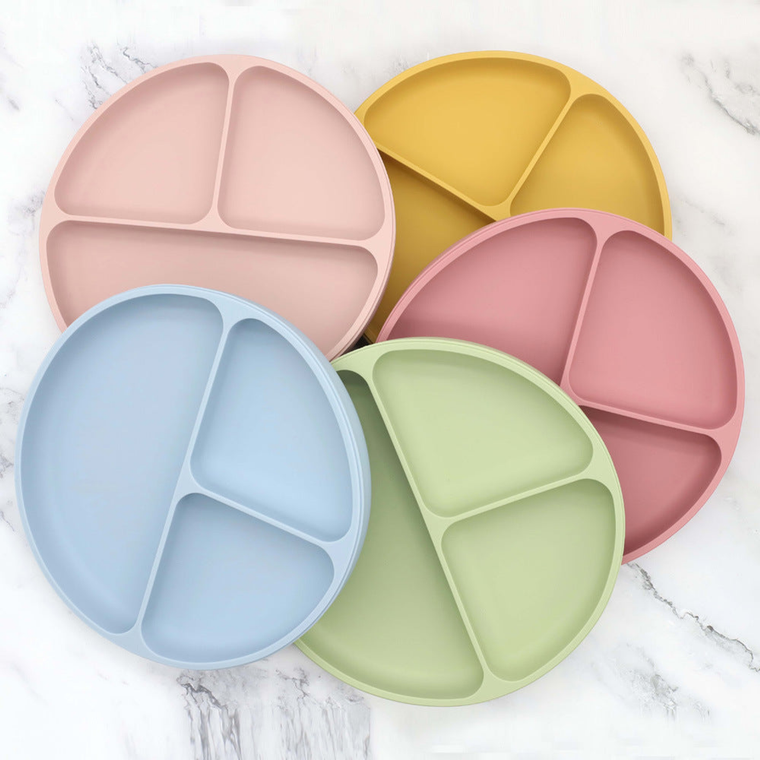 Baby Silicone Round Sucker Compartment Dinner Plate With Spoon Fork Sets - 716252335318