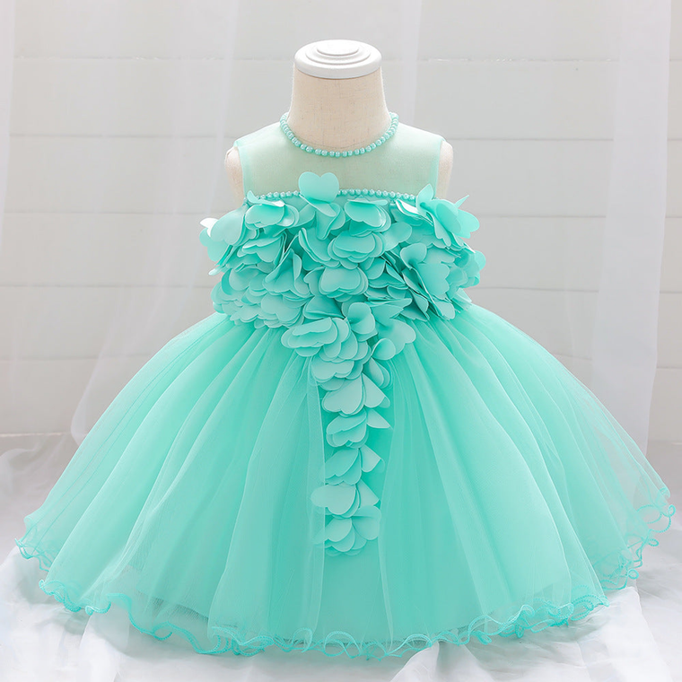 Baby Girl Petal Patched Design Sleeveless Full Moon Christening Mesh Dress - 643491116678