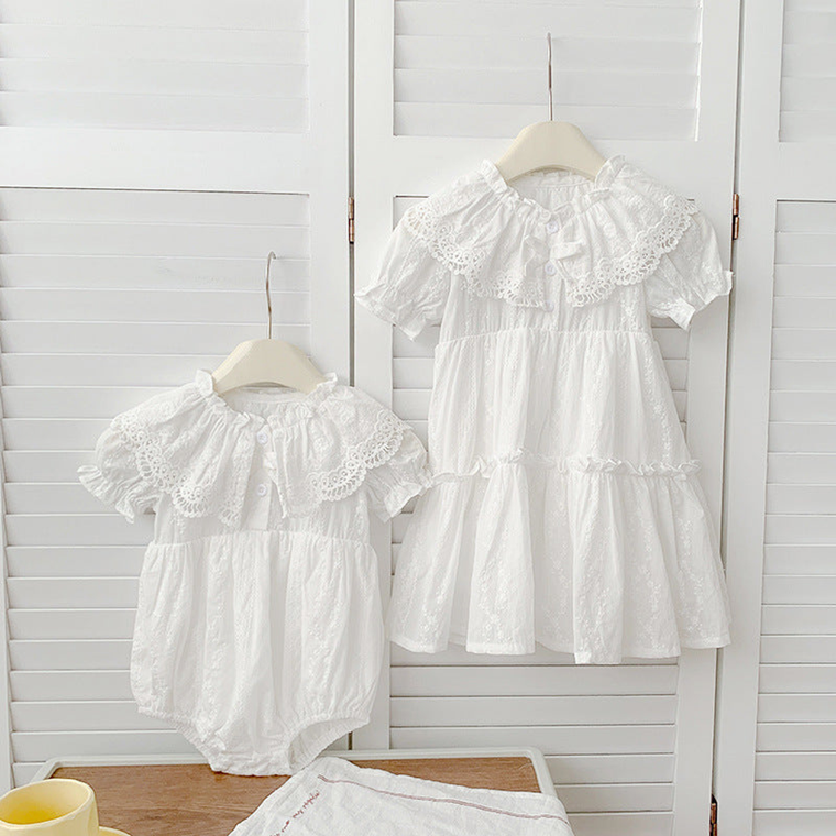 Summer Baby Girls French-style Floral Embroidery Pattern Short-sleeved Plain Onesies or DressPrincess Sister Matching Set - 643491103555