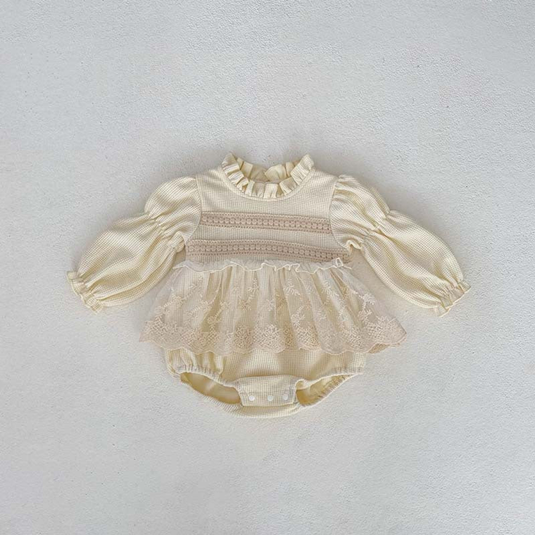 Baby Girls Long Sleeves Embroidery Lace Trim Onesie - 716252307315