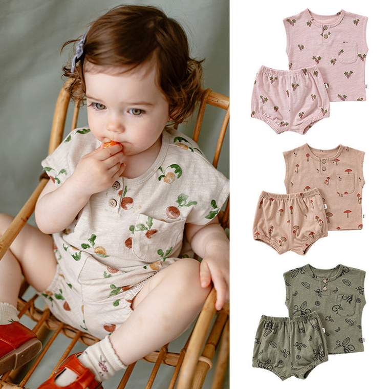 Summer Baby Kids Unisex Floral/Fruit Printing Sleeveless Crew Neck Vest And Shorts Clothing Sets - 643491105023