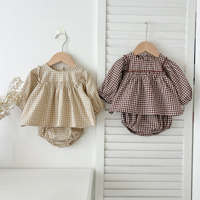 Autumn Baby Girls Long Sleeves Plaid Top Dress And Bloomer Clothing Set - 716252302884