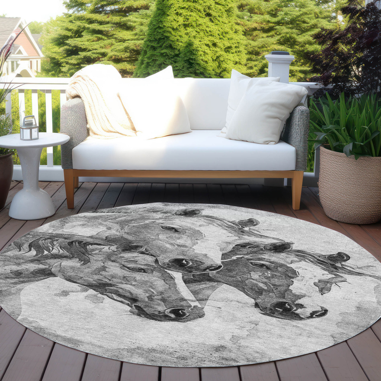 8' Gray And Silver Round Horse Washable Indoor Outdoor Area Rug - 880016387353
