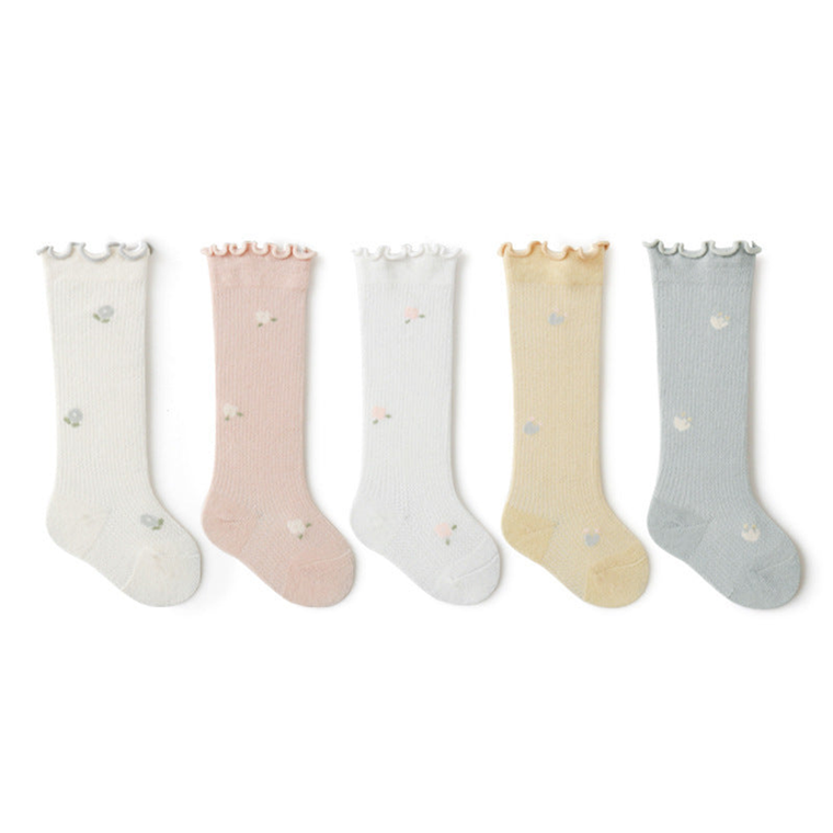 Baby Girl Solid Color Floral Embroide Pattern Breathable Knee Socks