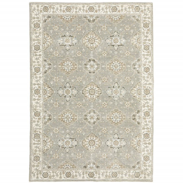 10' X 13' Grey Ivory Tan Brown And Gold Oriental Power Loom Stain Resistant Area Rug