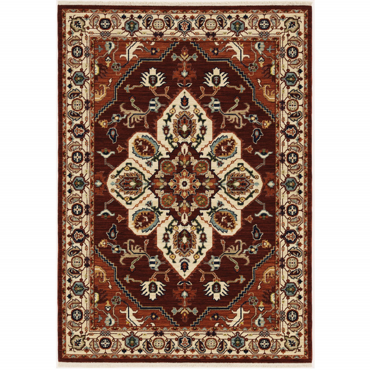 Homeroots Home Decor 10' x 13' Oriental Area Rug, Red Ivory Orange Blue, Power Loom Stain Resistant