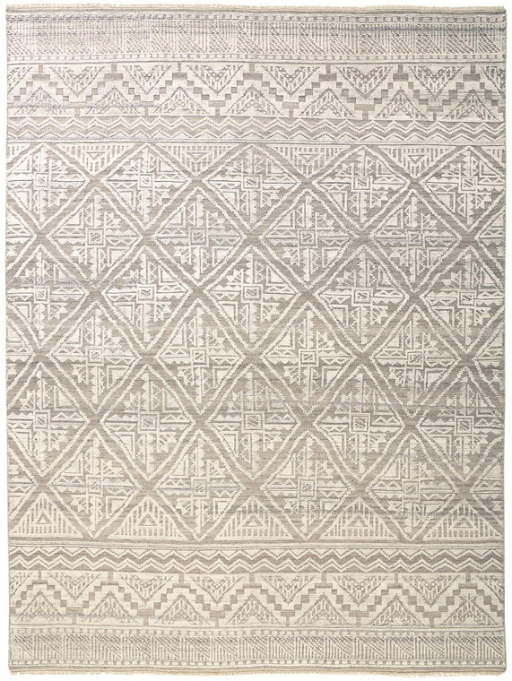 9' X 12' Ivory Tan And Gray Geometric Hand Knotted Area Rug - 606114118732