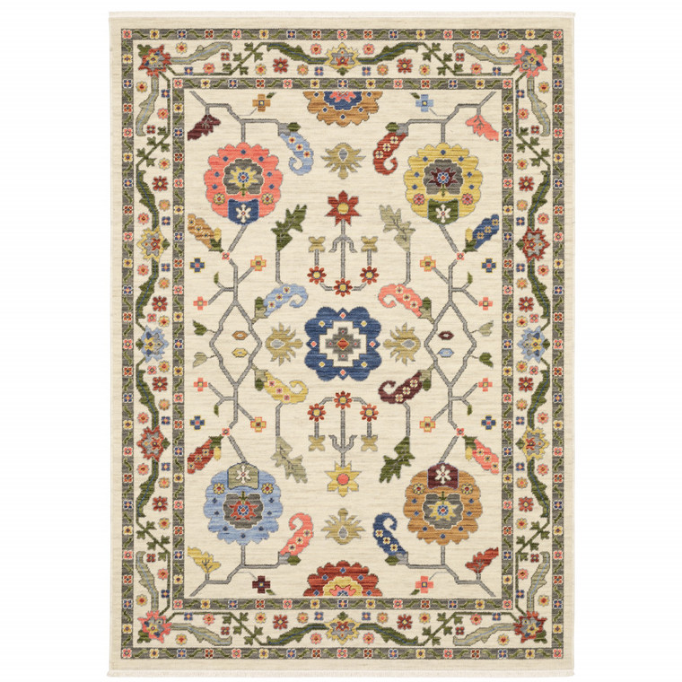 Homeroots Home Decor 6' x 9' Oriental Area Rug, Ivory Green Blues Pink Yellow Rust Brown Tan Grey, Power Loom Stain Resistant with Fringe
