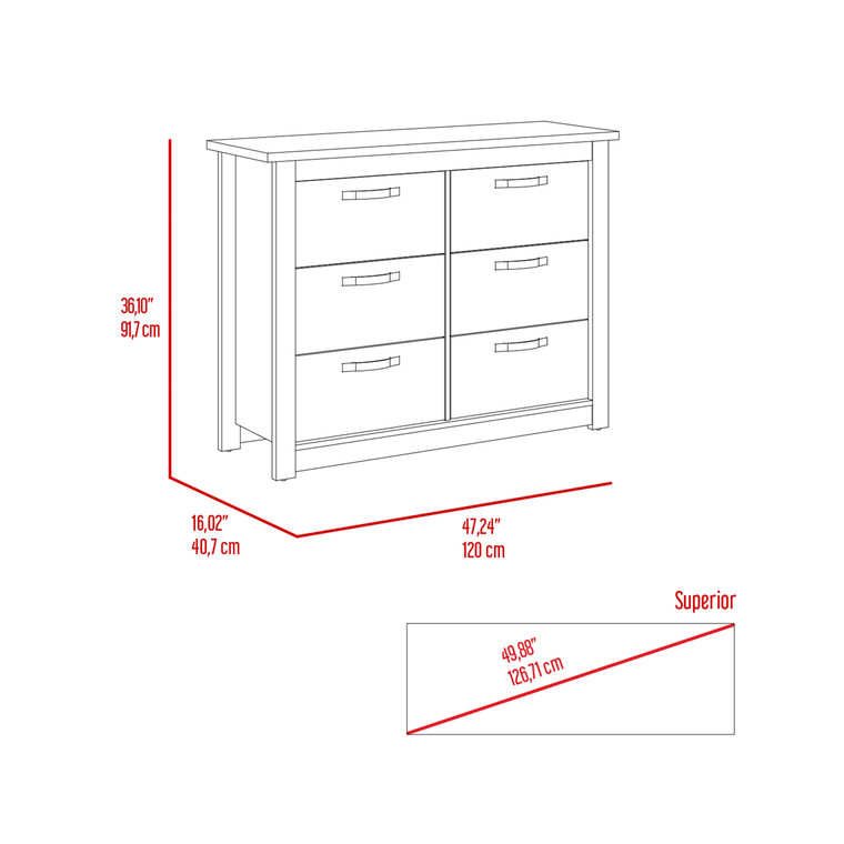 36" Black Wood Six Drawer Double Dresser