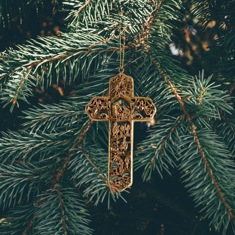Ornament Nativity Cross Gold Resin 4H