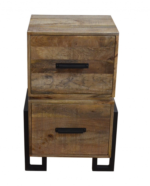 31" Brown And Black Distressed Solid Wood And Iron Two Drawer Filing Cabinet