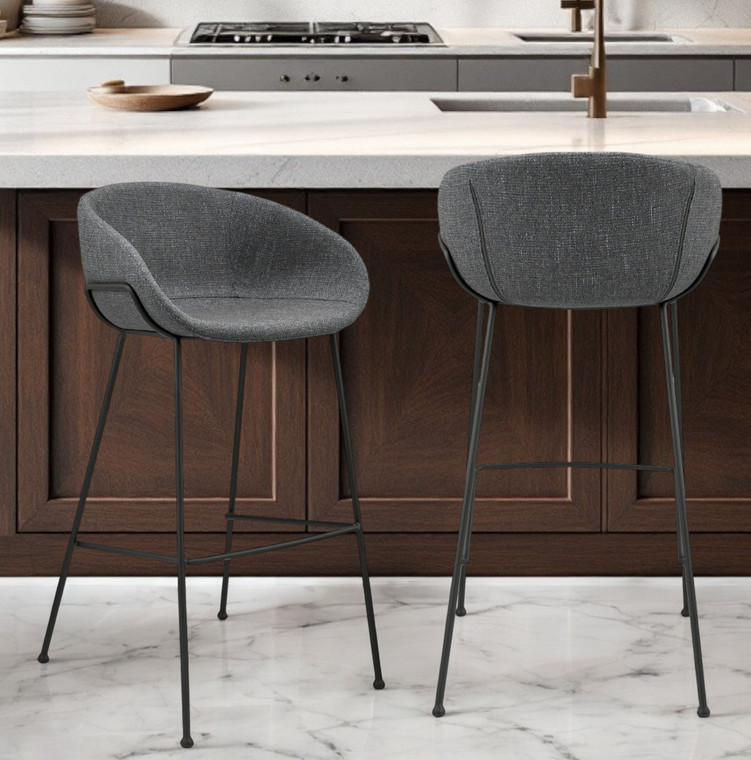 Set of Two 30" Gray and Black Fabric and Steel Low Back Bar Height Bar Chairs