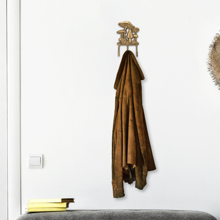 5" Antiqued Gold Cast Iron Mushroom Three Hook Wall Mount Coat Rack
