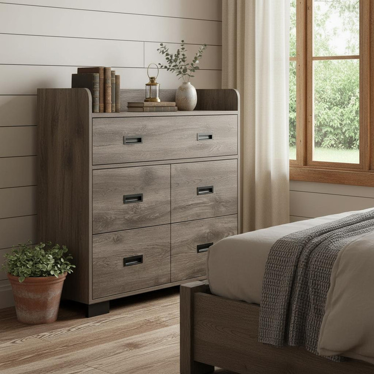 33" Dark Brown Wood Five Drawer Double Dresser