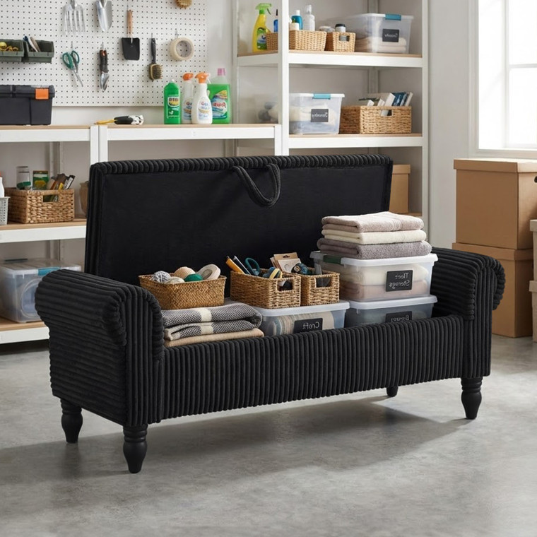 55" Black Corduroy and Solid Wood Upholstered Storage Bench With Flip Top