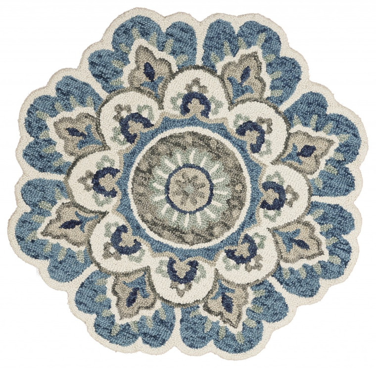 6’ Round Blue Modern Floral Area Rug - 808230038202