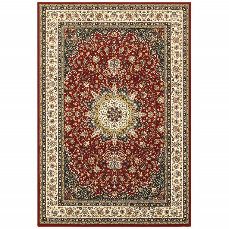 Homeroots Home Decor 7' x 10' Red and Ivory Machine Woven Oriental Indoor Area Rug